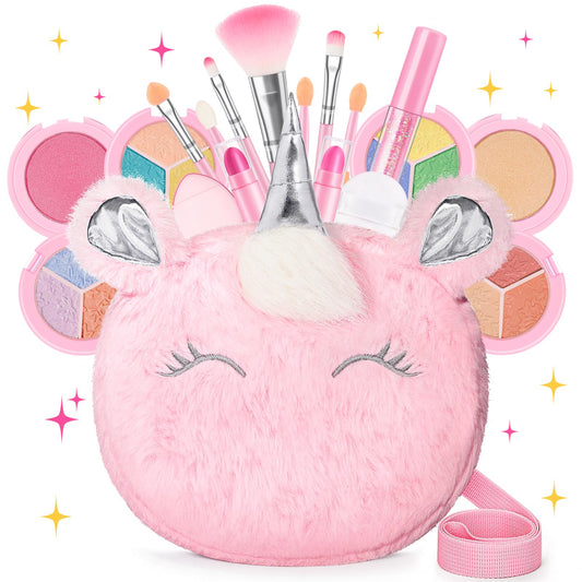 Mibasies Kids Makeup Kit with unicorn purse—washable eye shadow for imaginative play.