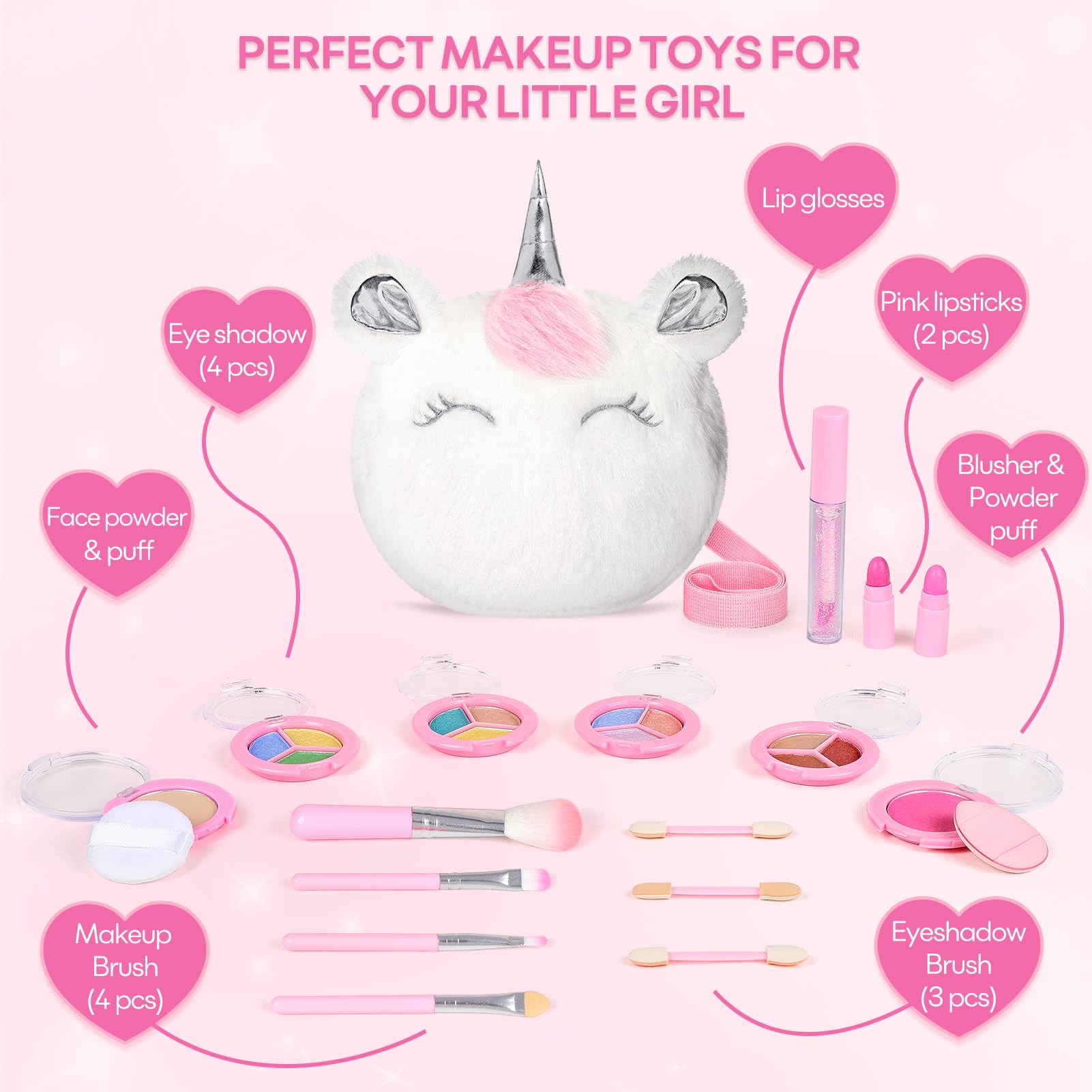 Mibasies Kids Real Makeup Kit unicorn purse open showing complete kit