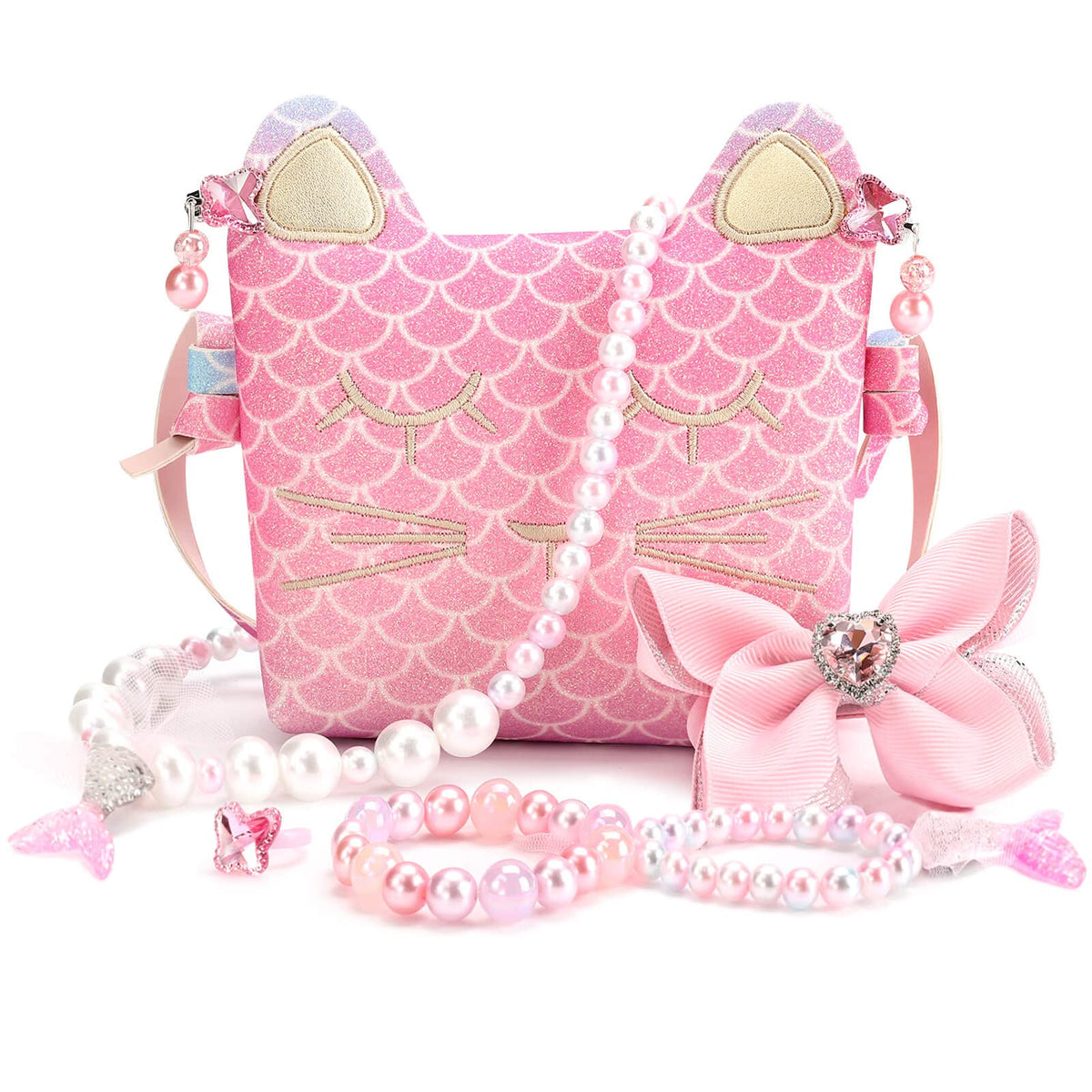 Mibasies cat-design purse front view for pretend play and sparkle.
