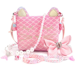 Mibasies cat-design purse front view for pretend play and sparkle.