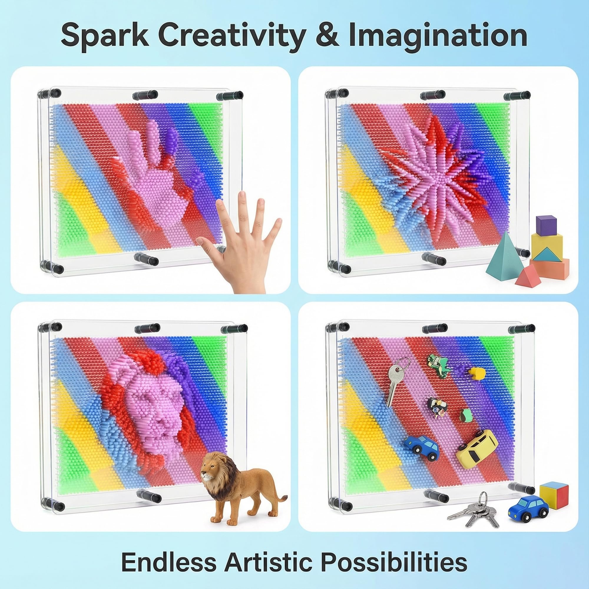 MICKYU large pin art board pins closeup showing vibrant rainbow components