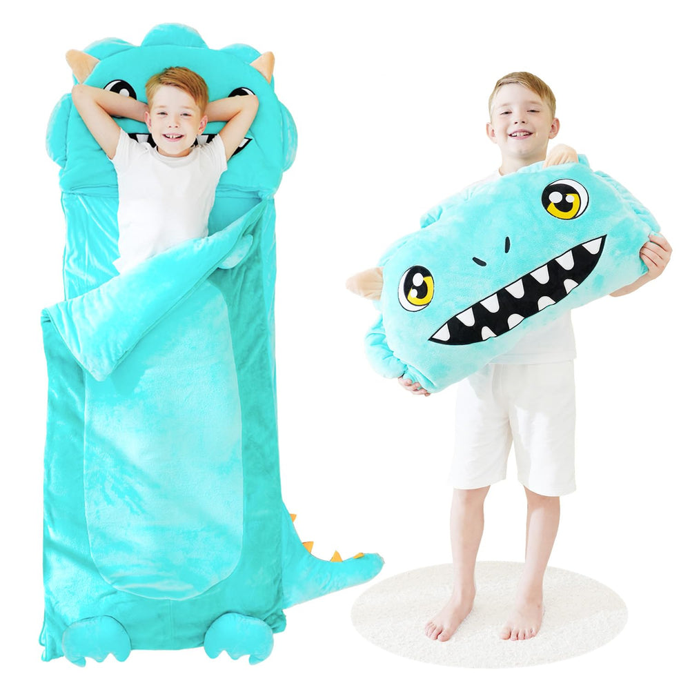 Micling dinosaur sleeping bag with nap mat for cozy on-the-go sleepovers.