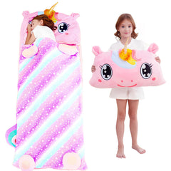 Micling kid sleeping bag unicorn flat lay showing 3-in-1 design for on-the-go comfort
