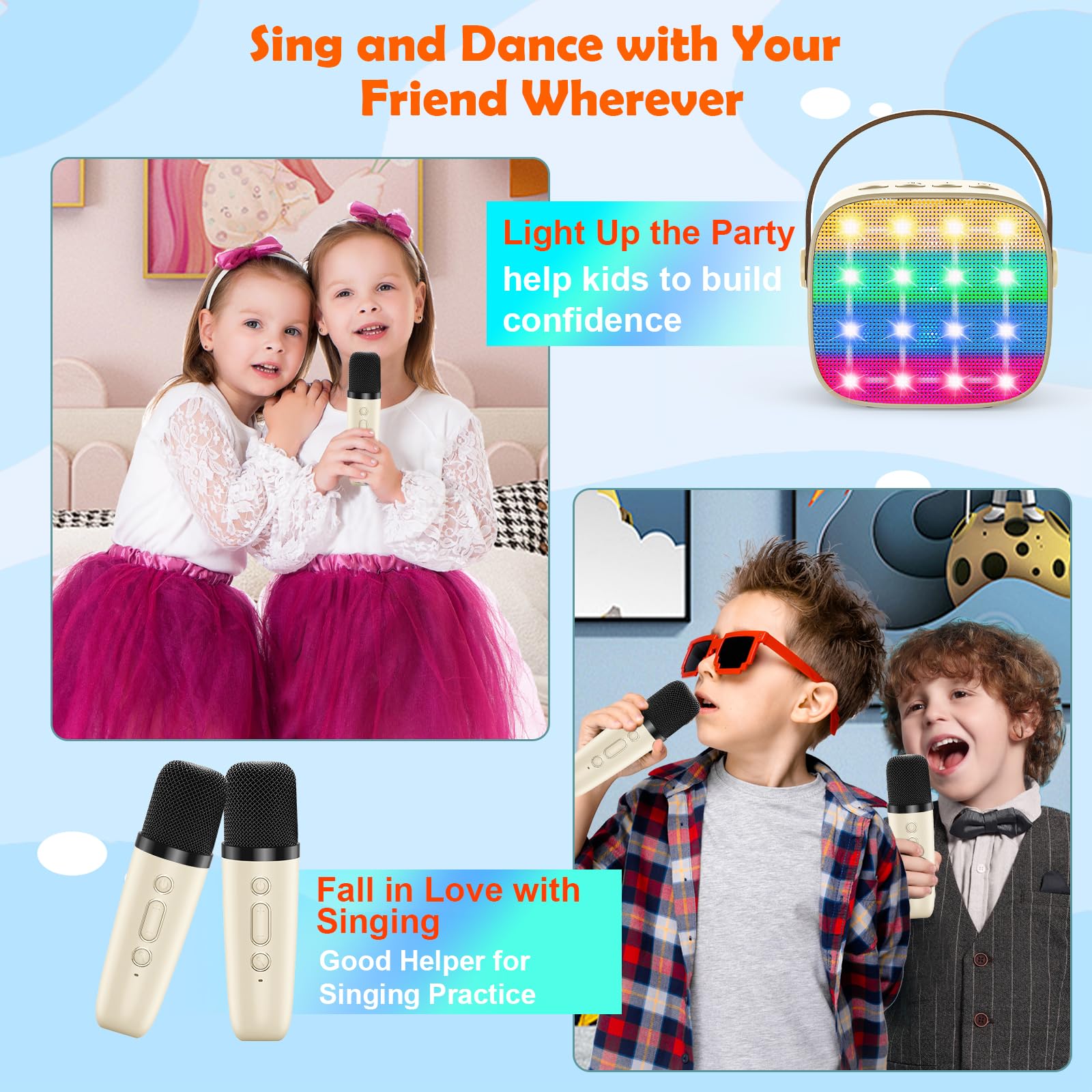 MicQutr karaoke with dual microphones enables duo singing fun for kids' parties.