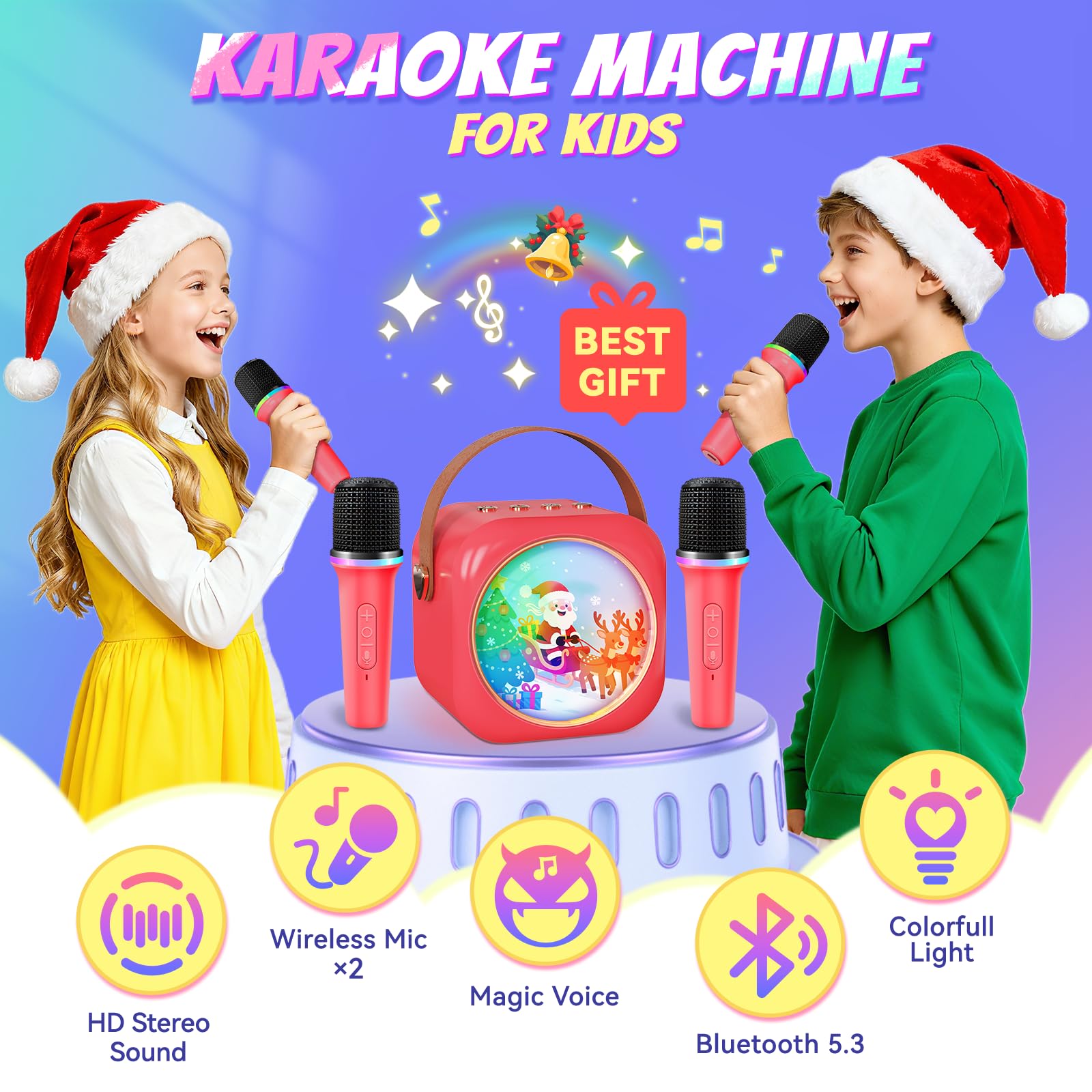 MicQutr Mini Karaoke features two wireless microphones for duets and family fun.