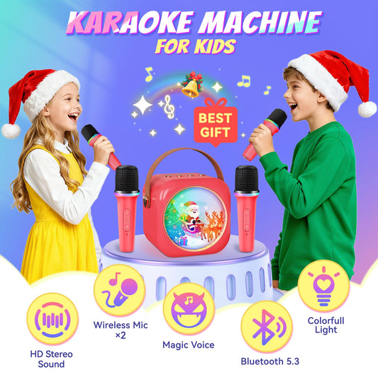 MicQutr Mini Karaoke features two wireless microphones for duets and family fun.