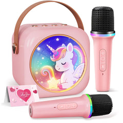 MicQutr Mini Karaoke Unicorn Machine shown with vibrant lights for joyful family sing-alongs