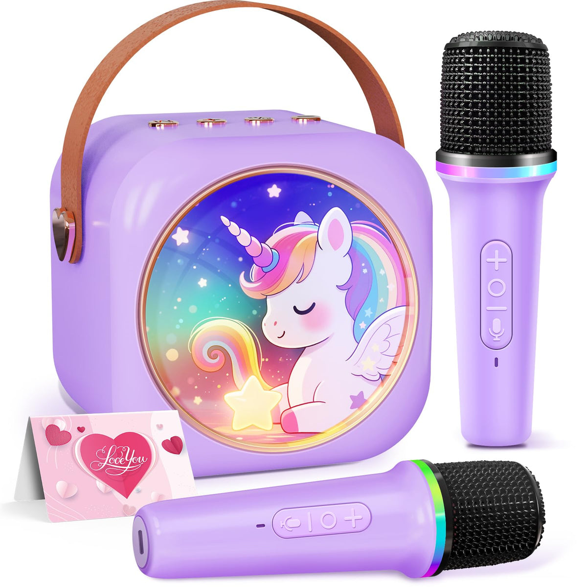 MicQutr mini karaoke unicorn with two mics for kids' party singing at home.