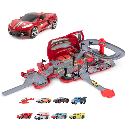 Micro Machines Corvette Raceway transforming playset closed for easy storage and quick setup.