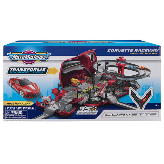Micro Machines Corvette Raceway transforming playset open to reveal full track.