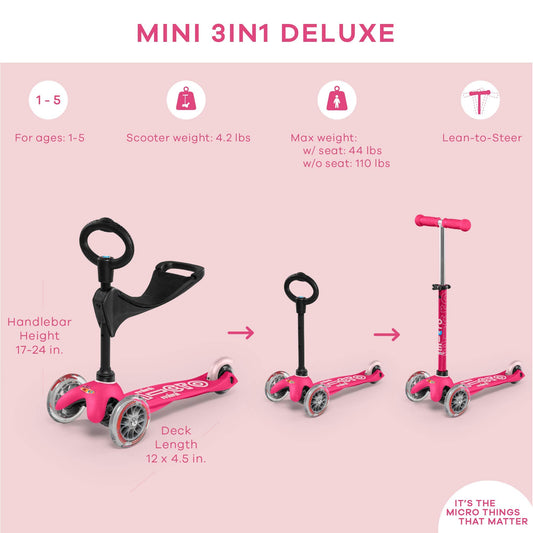 Micro Mini 3in1 Deluxe seat-height adjustment enables growing children.
