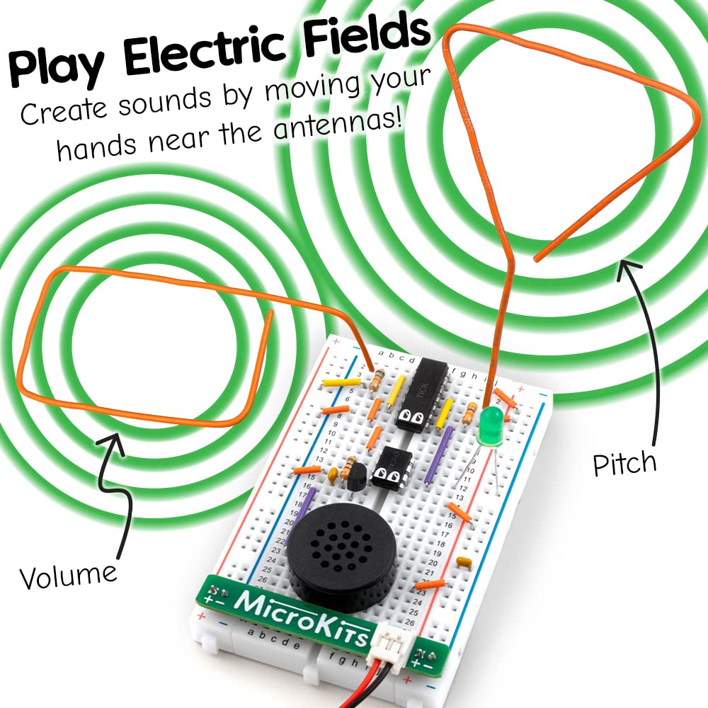 MicroKits Theremin breadboard layout highlighting capacitive sensing for curious minds.