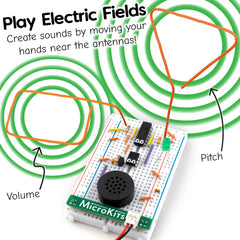 MicroKits Theremin breadboard layout highlighting capacitive sensing for curious minds.