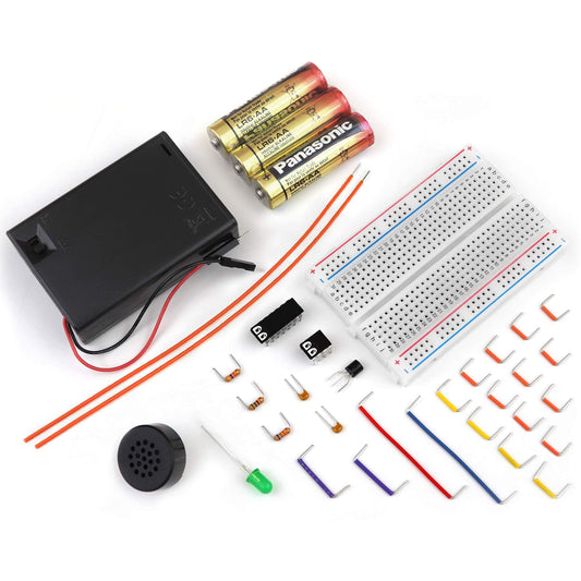 MicroKits Theremin kit components close-up for quick, mess-free assembly and learning.