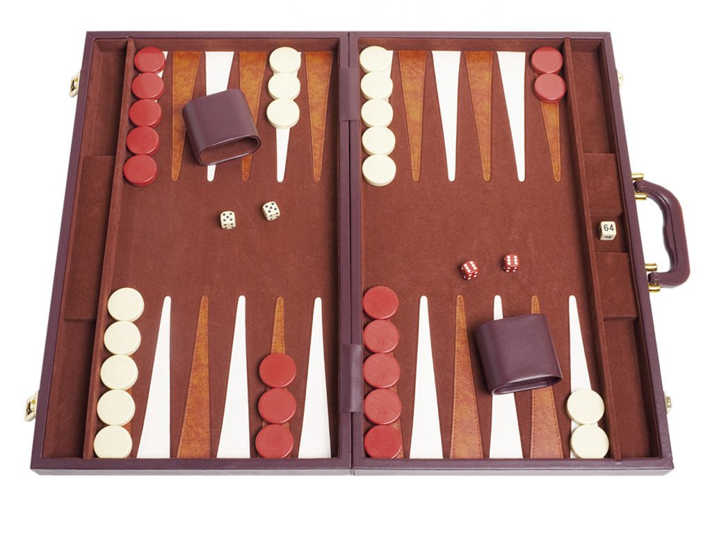 Middleton Games 21-inch backgammon set closed on brown board for compact storage.