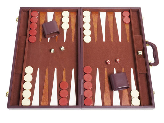 Middleton Games 21-inch backgammon set closed on brown board for compact storage.