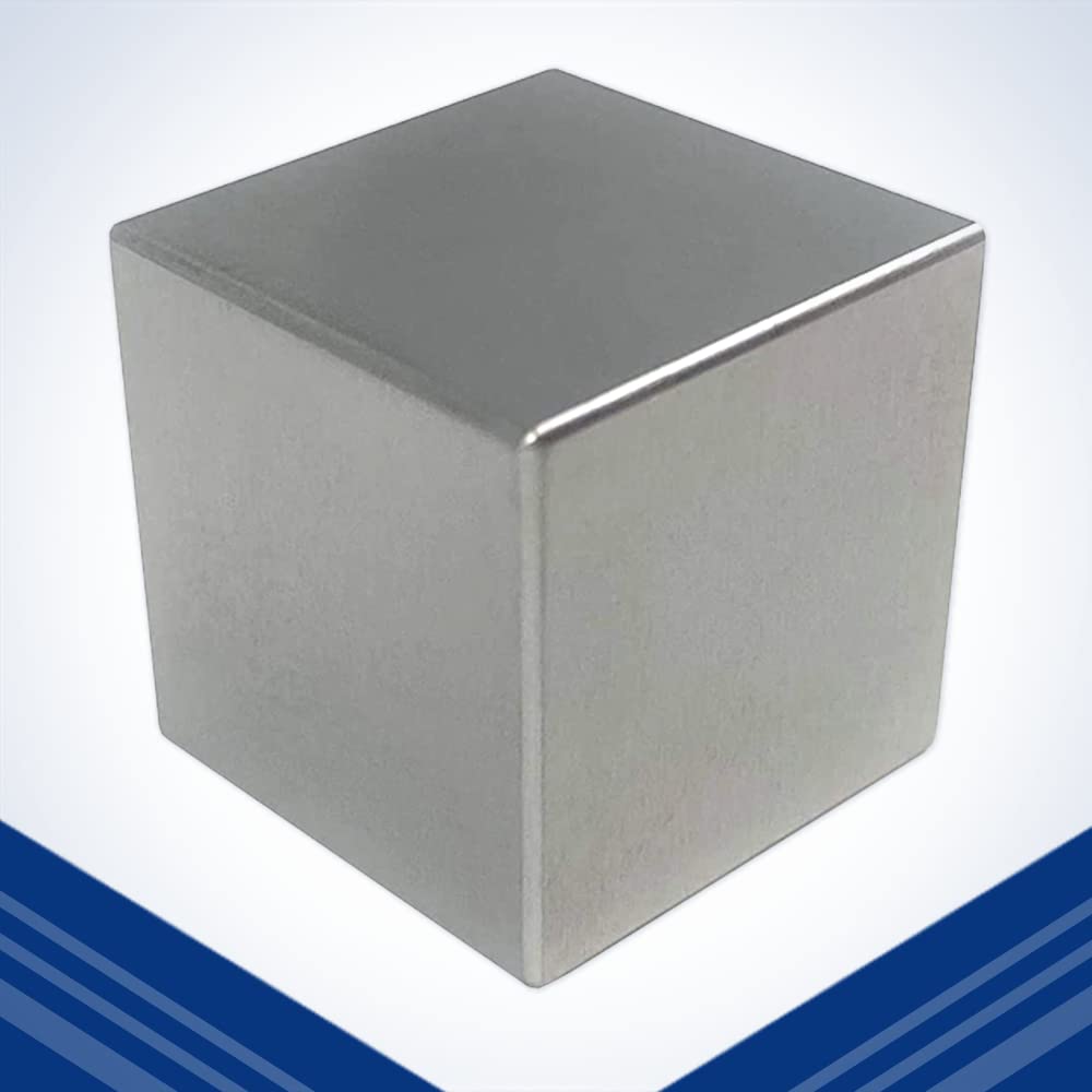 Midwest Tungsten Service tungsten cube 1-inch front view, dense weight ideal for demonstrations.