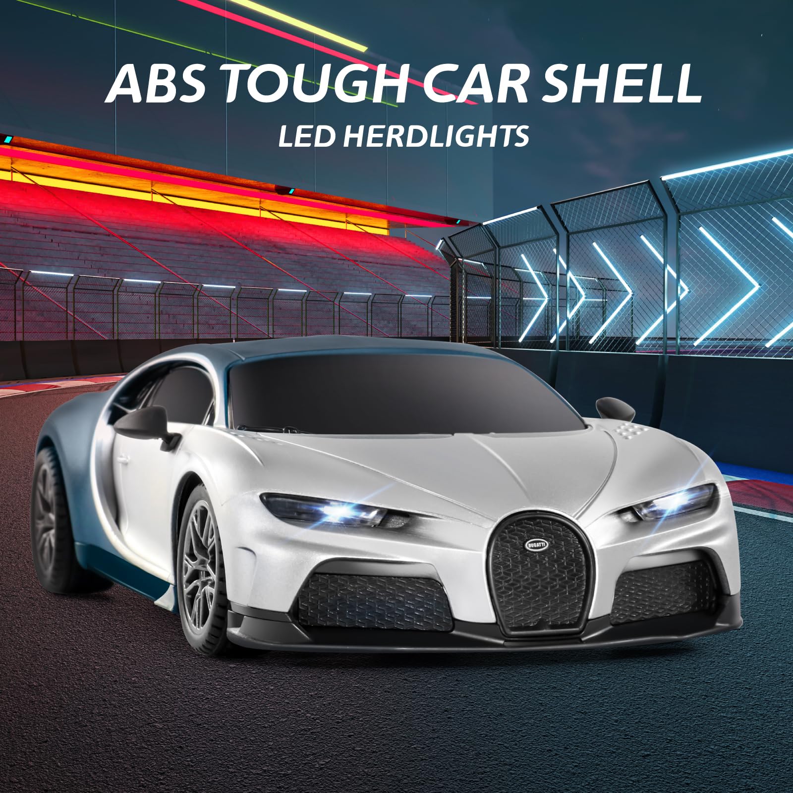 MIEBELY Bugatti Chiron RC car side profile highlighting authentic styling for enthusiasts.