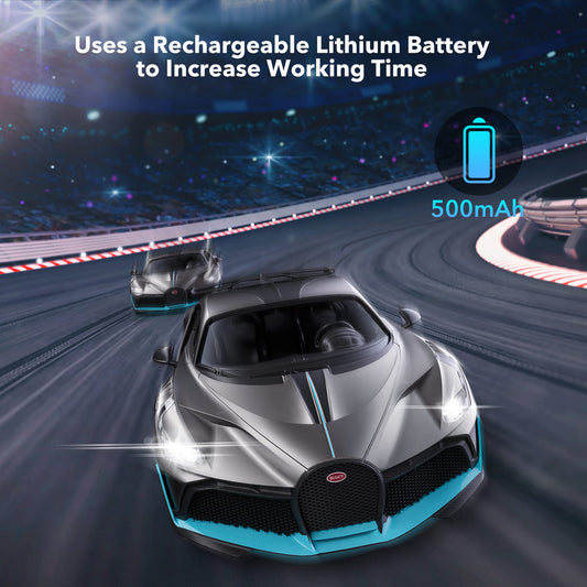 MIEBELY Bugatti Divo 1/16 side view highlights compact design for indoor play