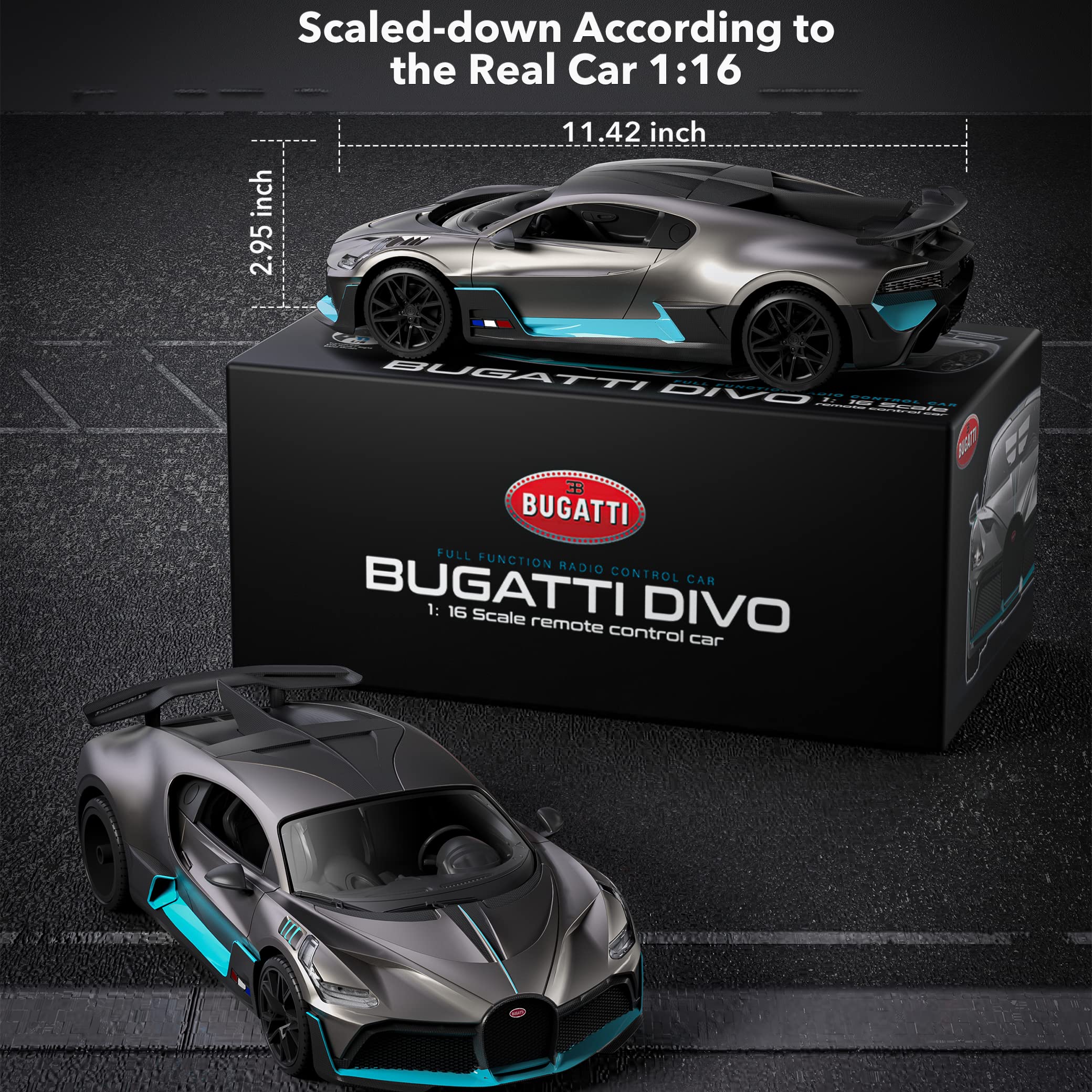 MIEBELY Bugatti Divo 1/16 top view emphasizes slim profile for storage
