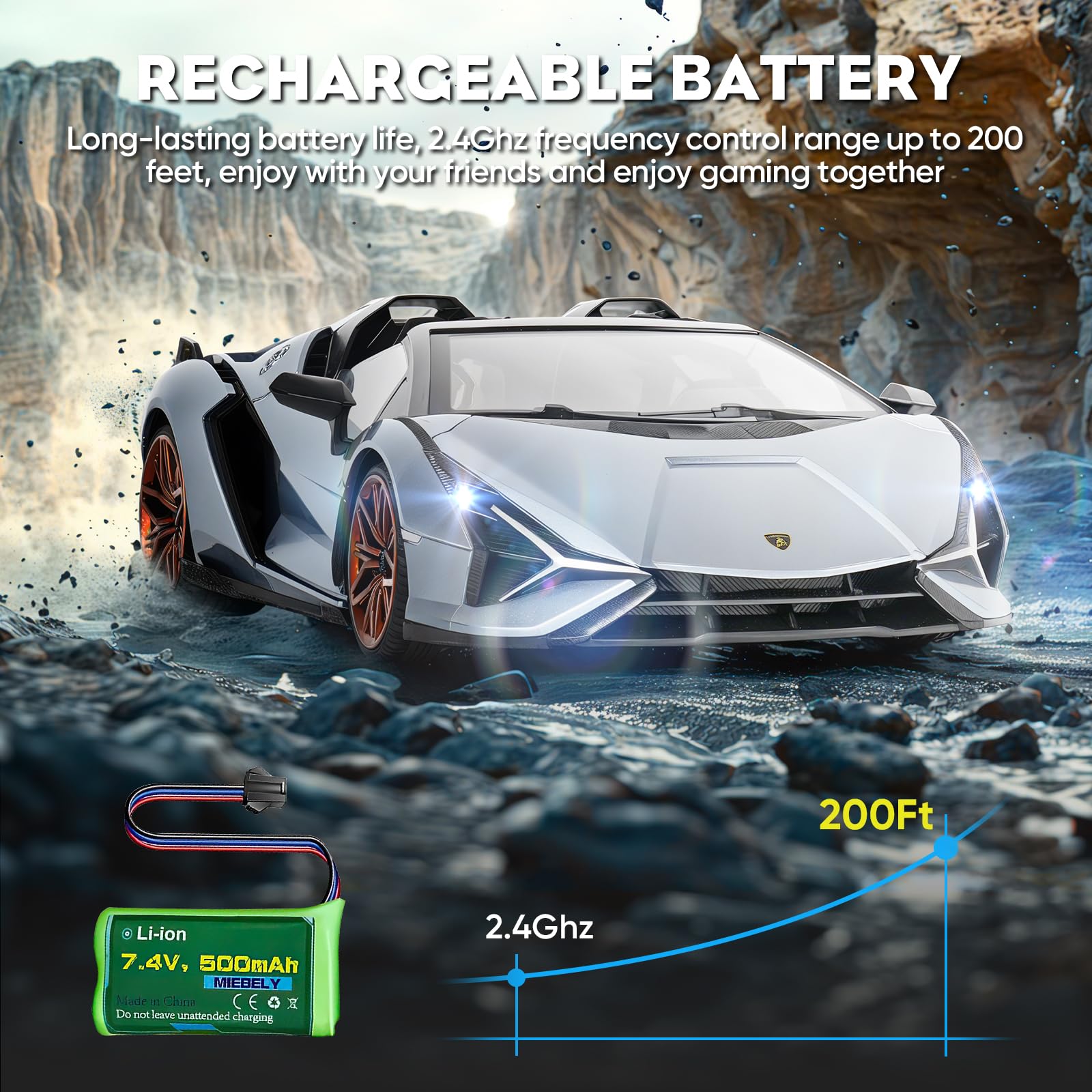 MIEBELY Lamborghini RC car battery image shows 7.4V 500mAh power for lively runs.