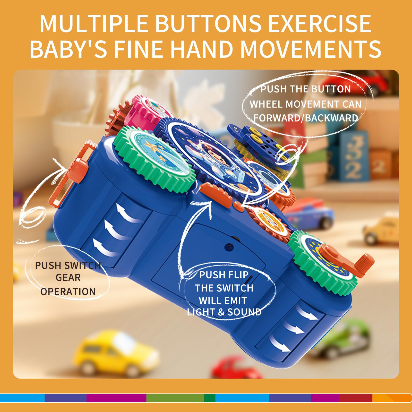 Manual rotation teaches cause-and-effect as gears turn smoothly.