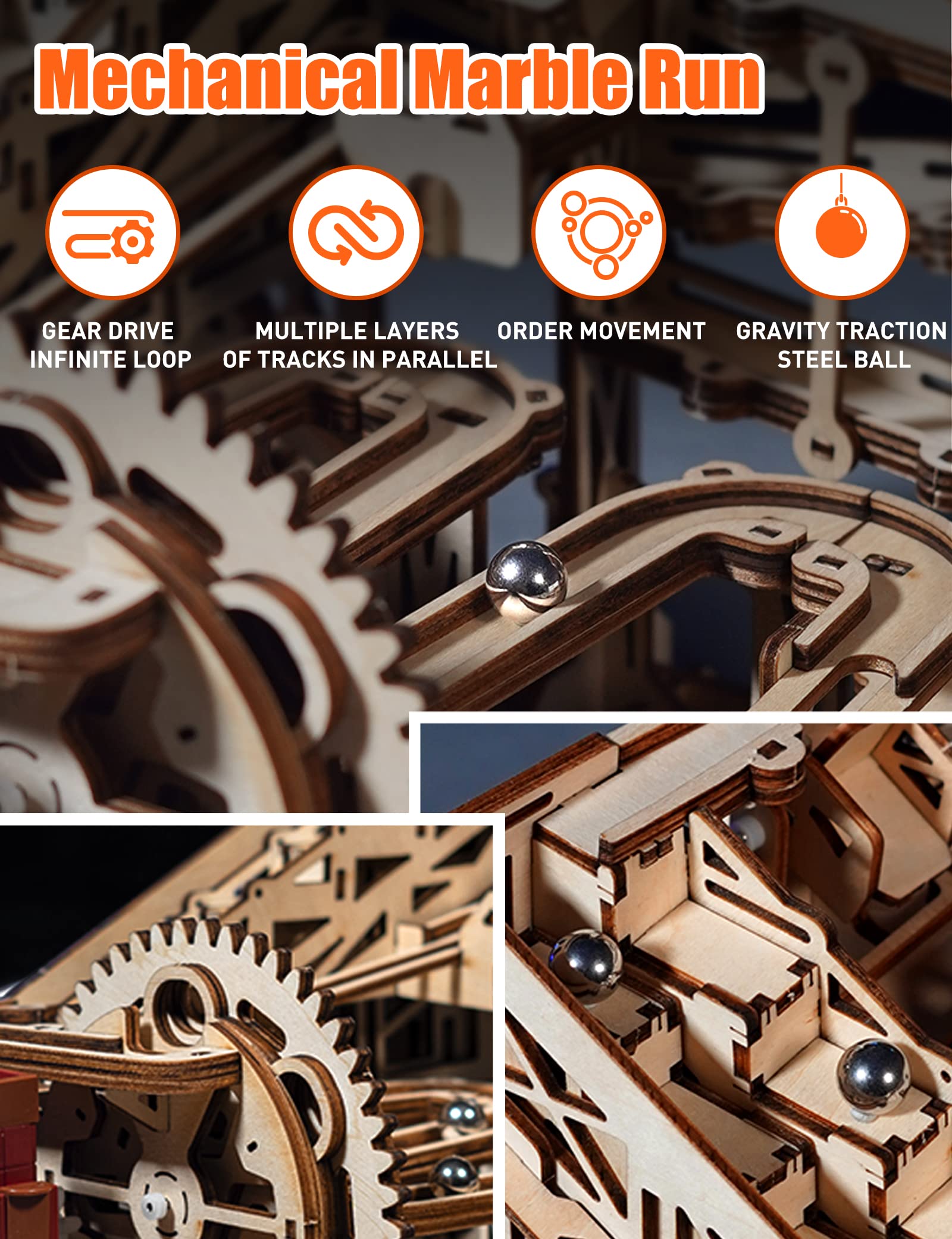 MIEBELY motorized marble run in motion for kinetic display