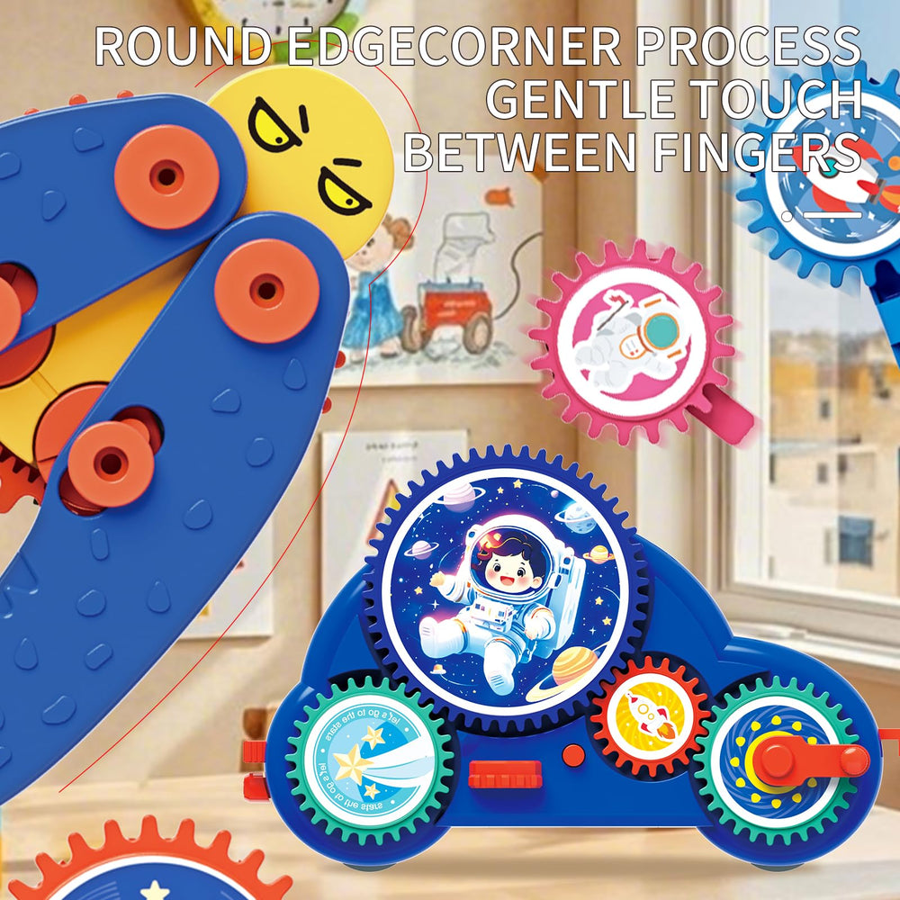 Colorful gear assemblies help kids explore transmission ideas through playful construction.
