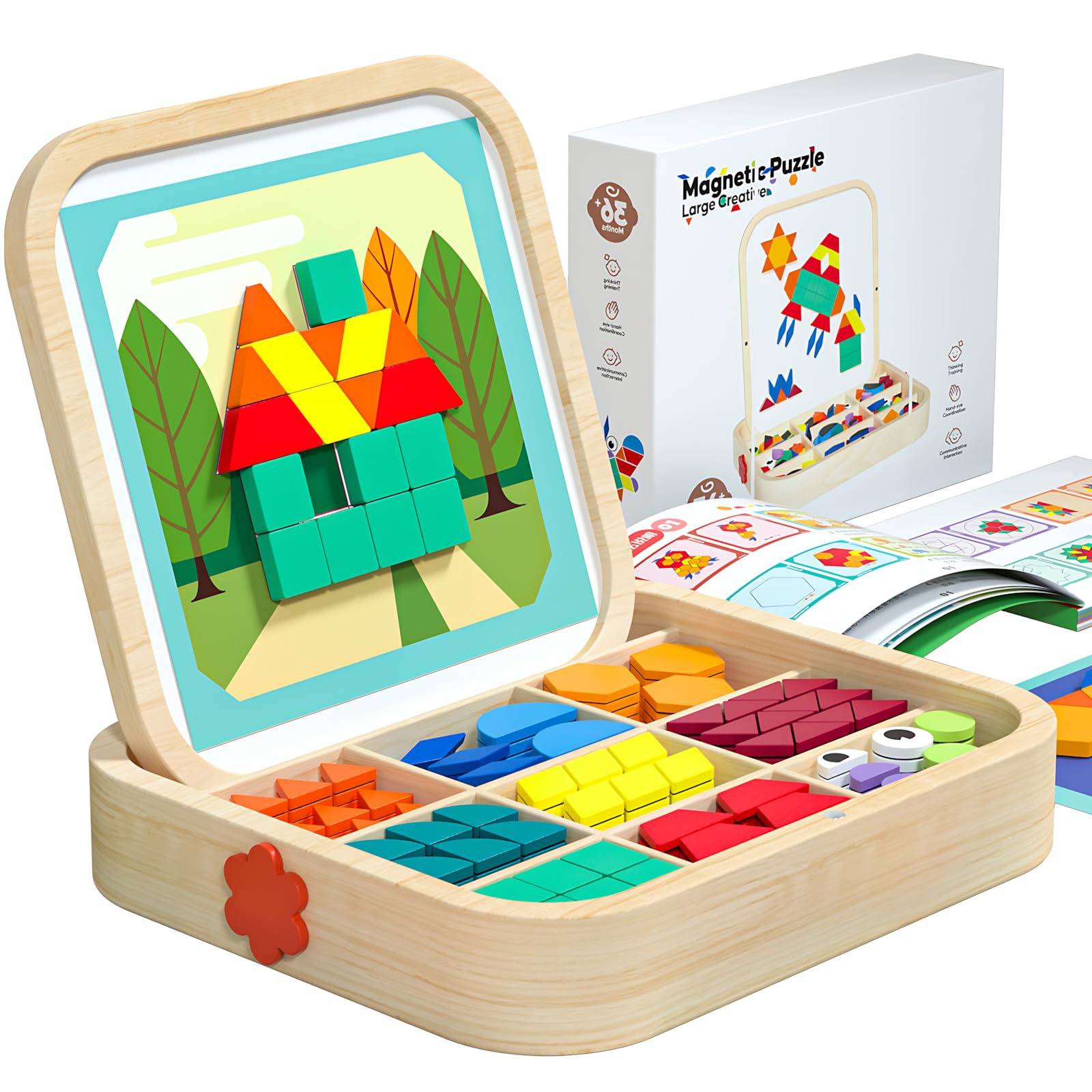 Migargle 288-piece wooden magnetic pattern blocks set for collaborative learning and problem solving