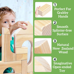 Migargle blocks storage box neatly holds all 64 pieces after playtime.