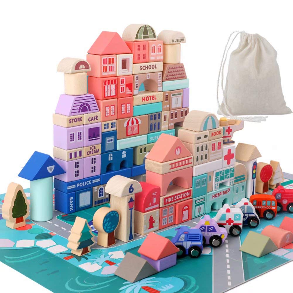Migargle city construction blocks set on a play mat promoting imaginative building and spatial exploration.