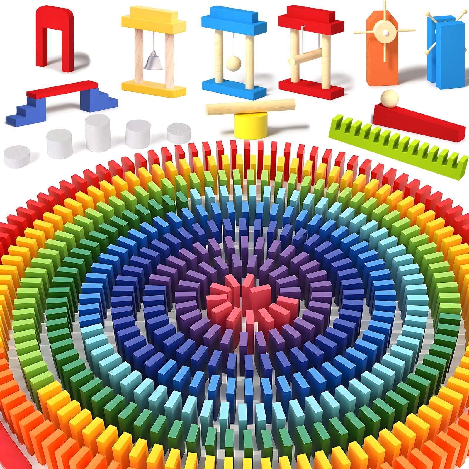Migargle 1200-piece wooden domino tiles in bright colors for creative stacking play.
