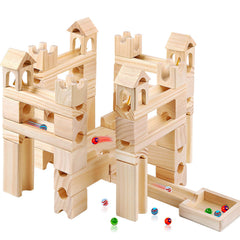 Migargle wooden marble run with 80 pieces for STEM play and problem solving.