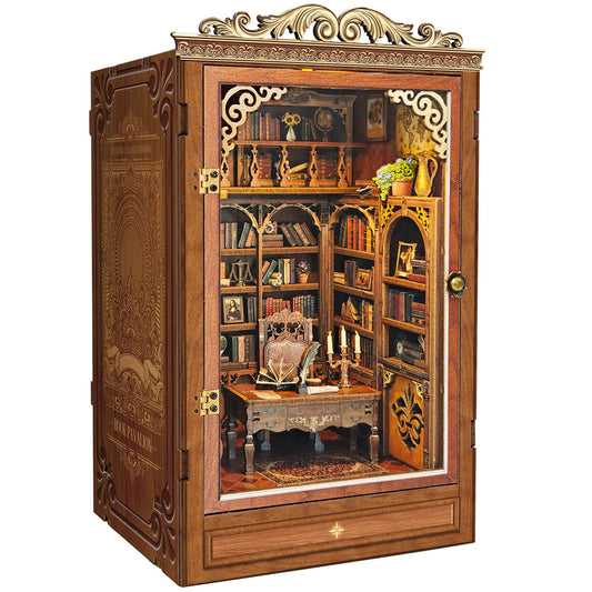 Miggley Time Book House with lit windows adds warm shelf ambiance.