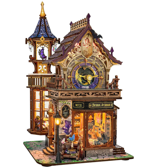 Miggley Time Magic Club clock shop glows warmly on a bookshelf.