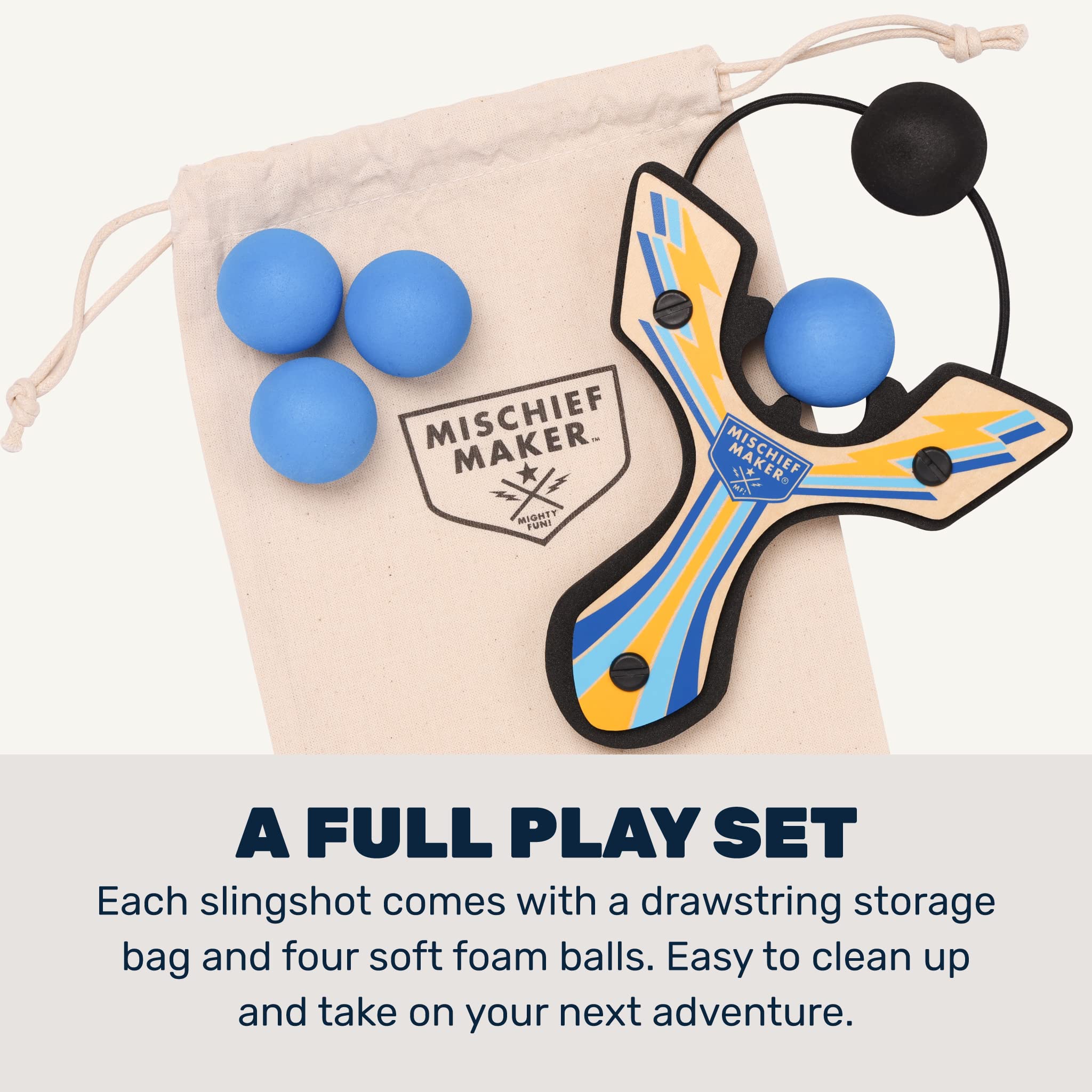 Mighty Fun blue slingshot in action demonstrates lightweight kid-friendly play outdoors