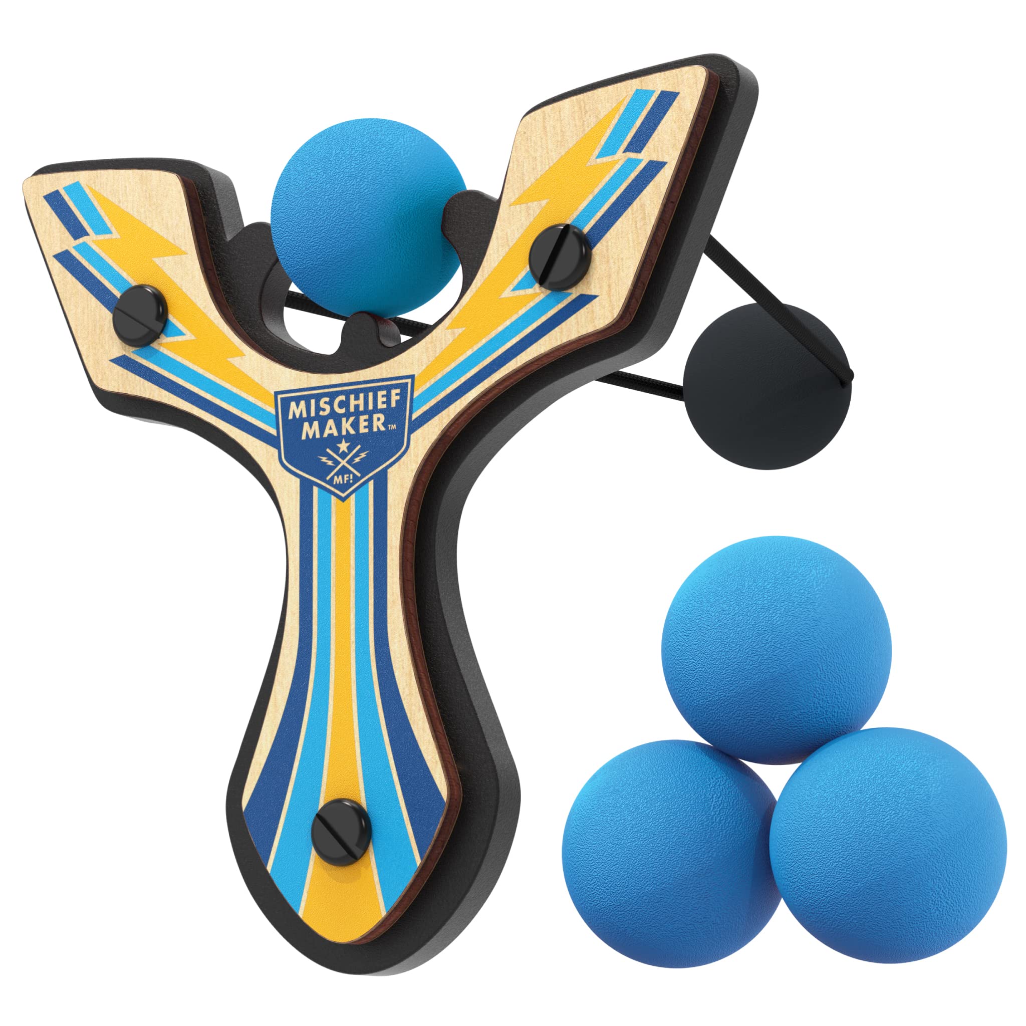 Mighty Fun Mischief Maker blue slingshot close-up shows a comfortable wooden grip for small hands