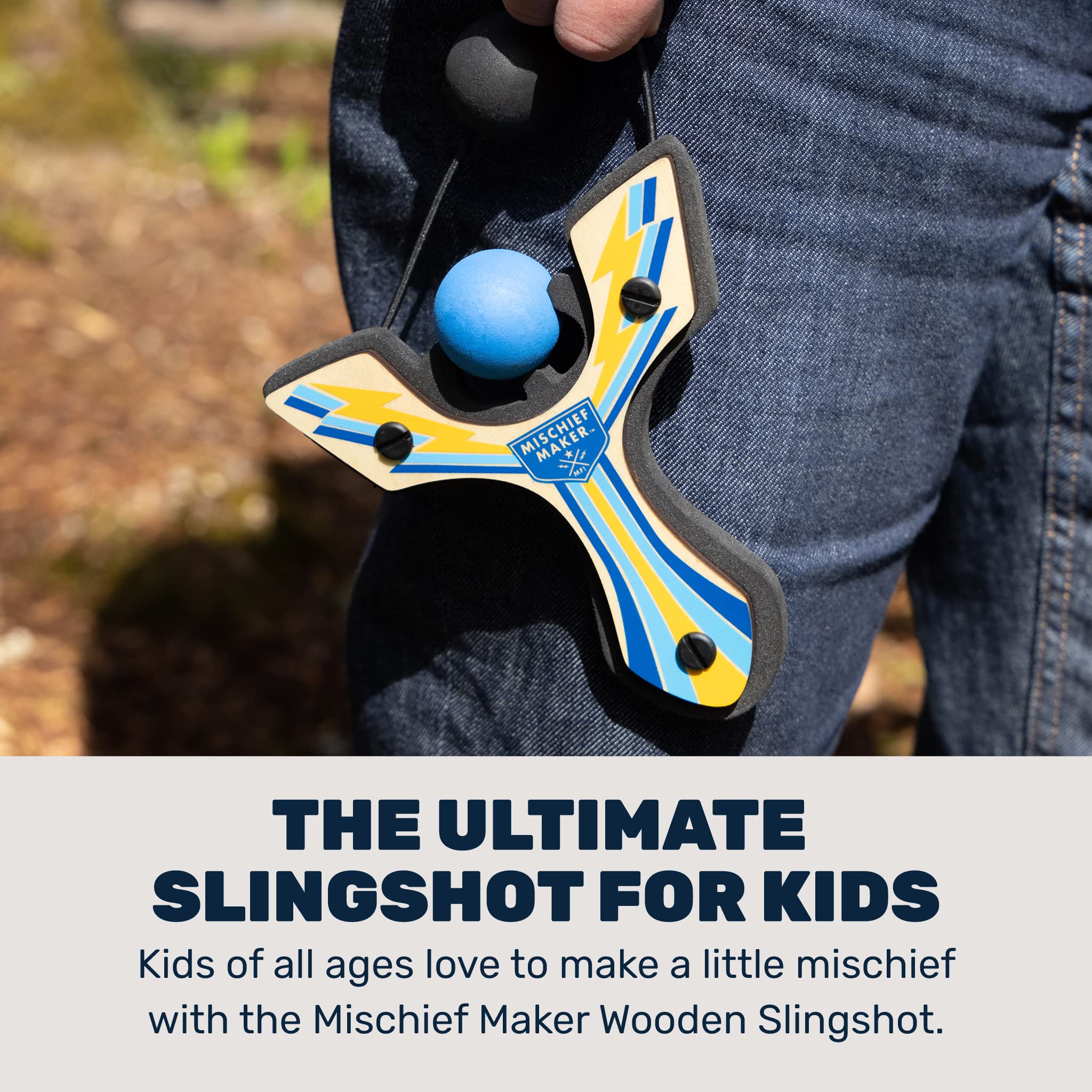 Mighty Fun Mischief Maker blue slingshot side view highlighting racing-inspired design for imaginative play