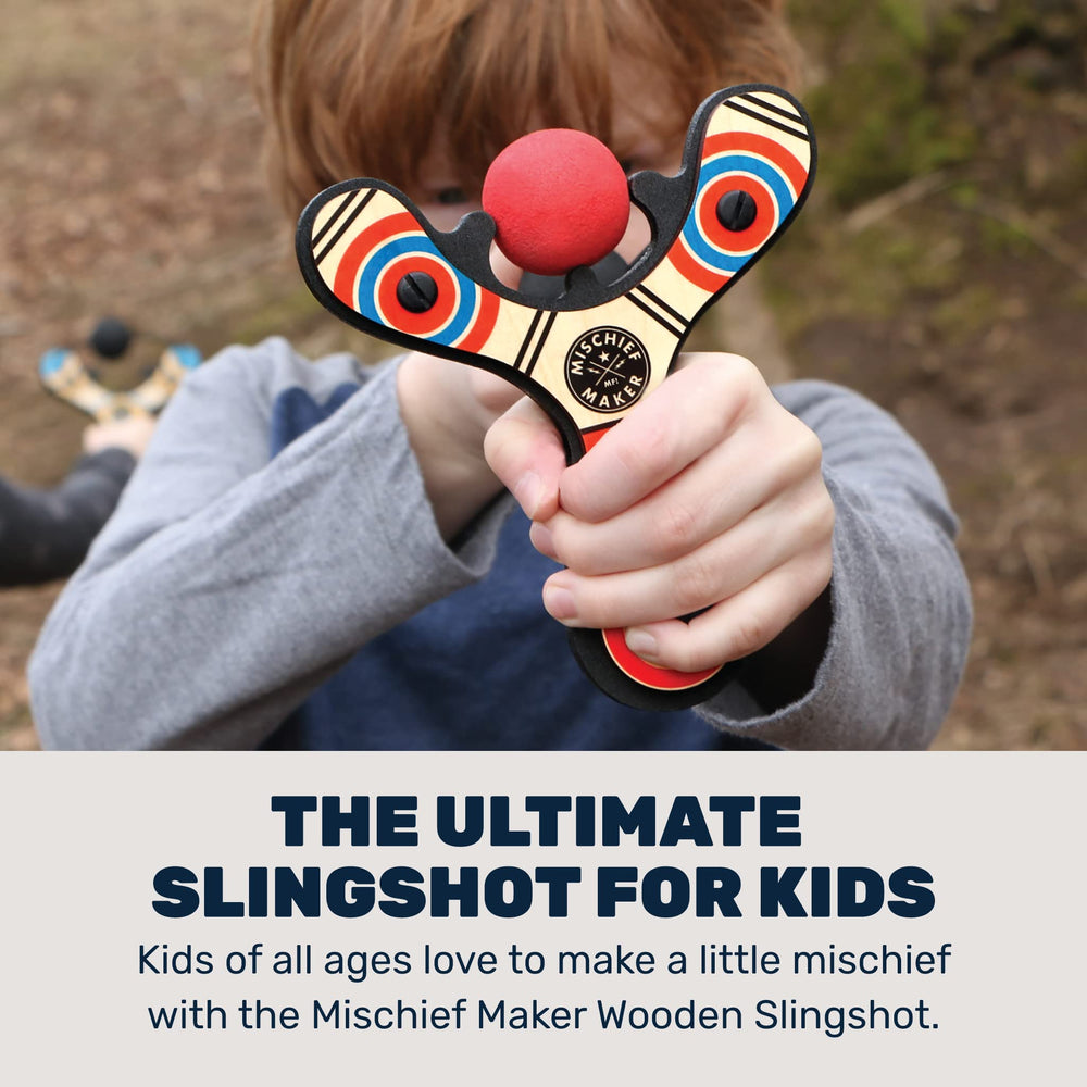Mighty Fun! Mischief Maker wooden slingshot back view shows durable construction.