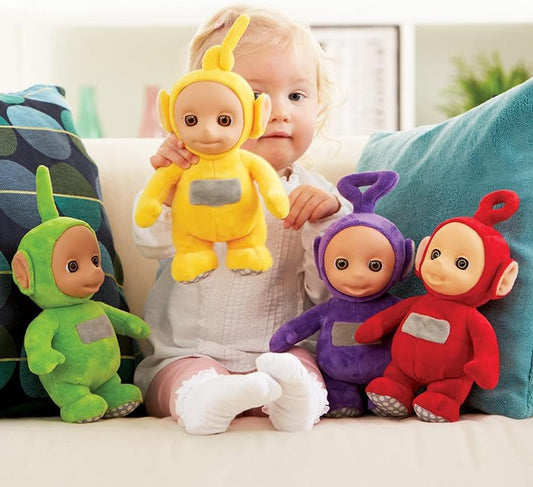 Mighty Mojo Teletubbies Tinky Winky plush close-up fabric, soft microfabric for cozy hugs during play.