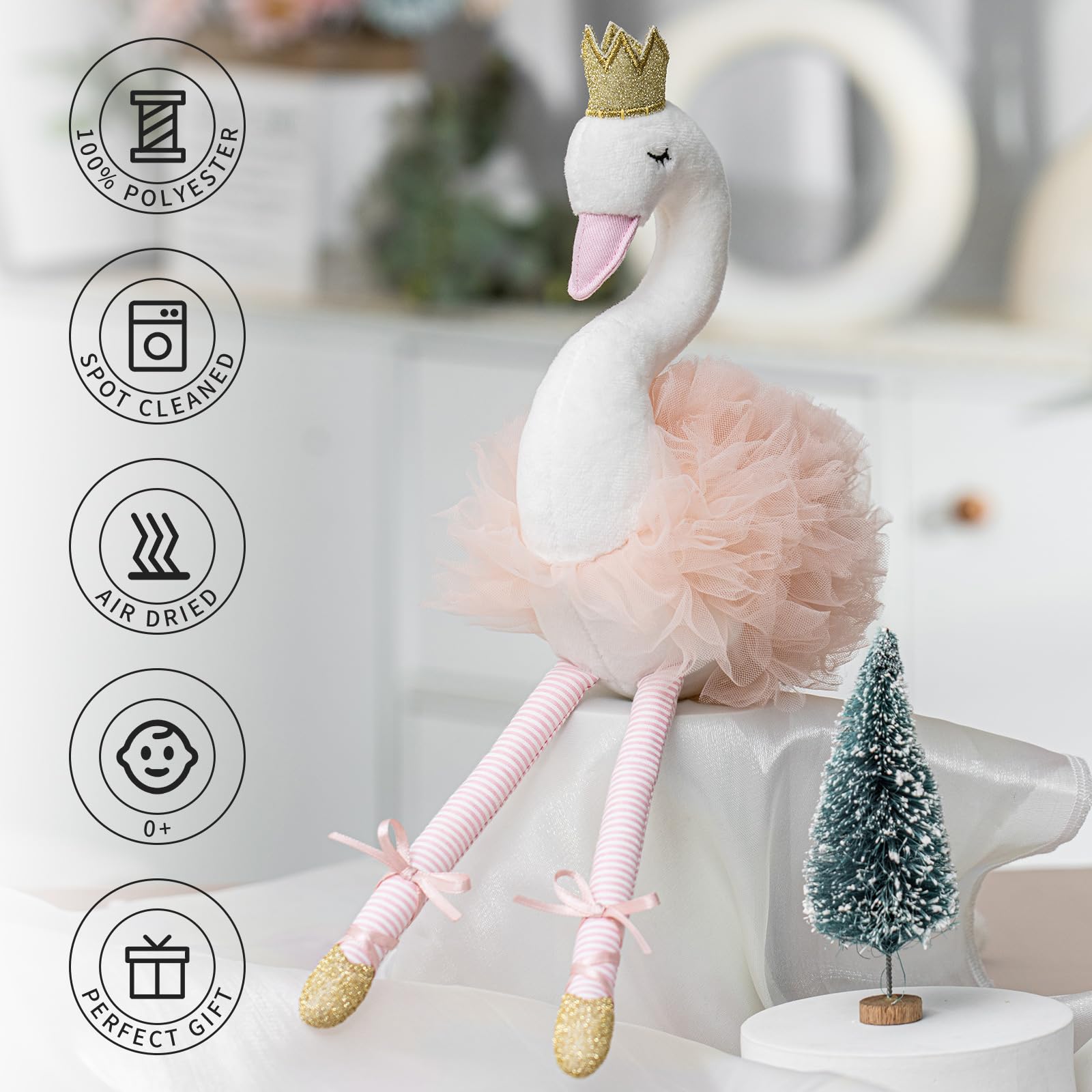 Mikee Fluffie swan plush tutu and crown detail sparkles on shelves.