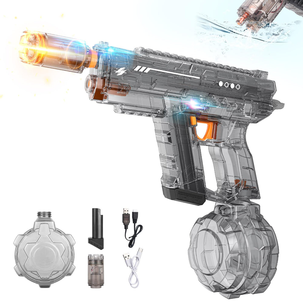 Mikiomie electric water gun with flashing muzzle for thrilling night battles.