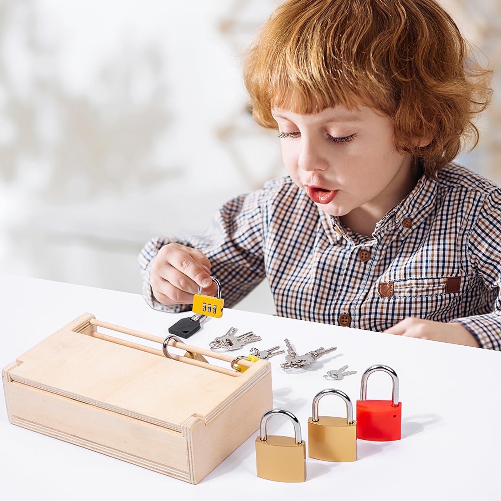 MIKNEKE wooden tray keeps locks and keys organized for play