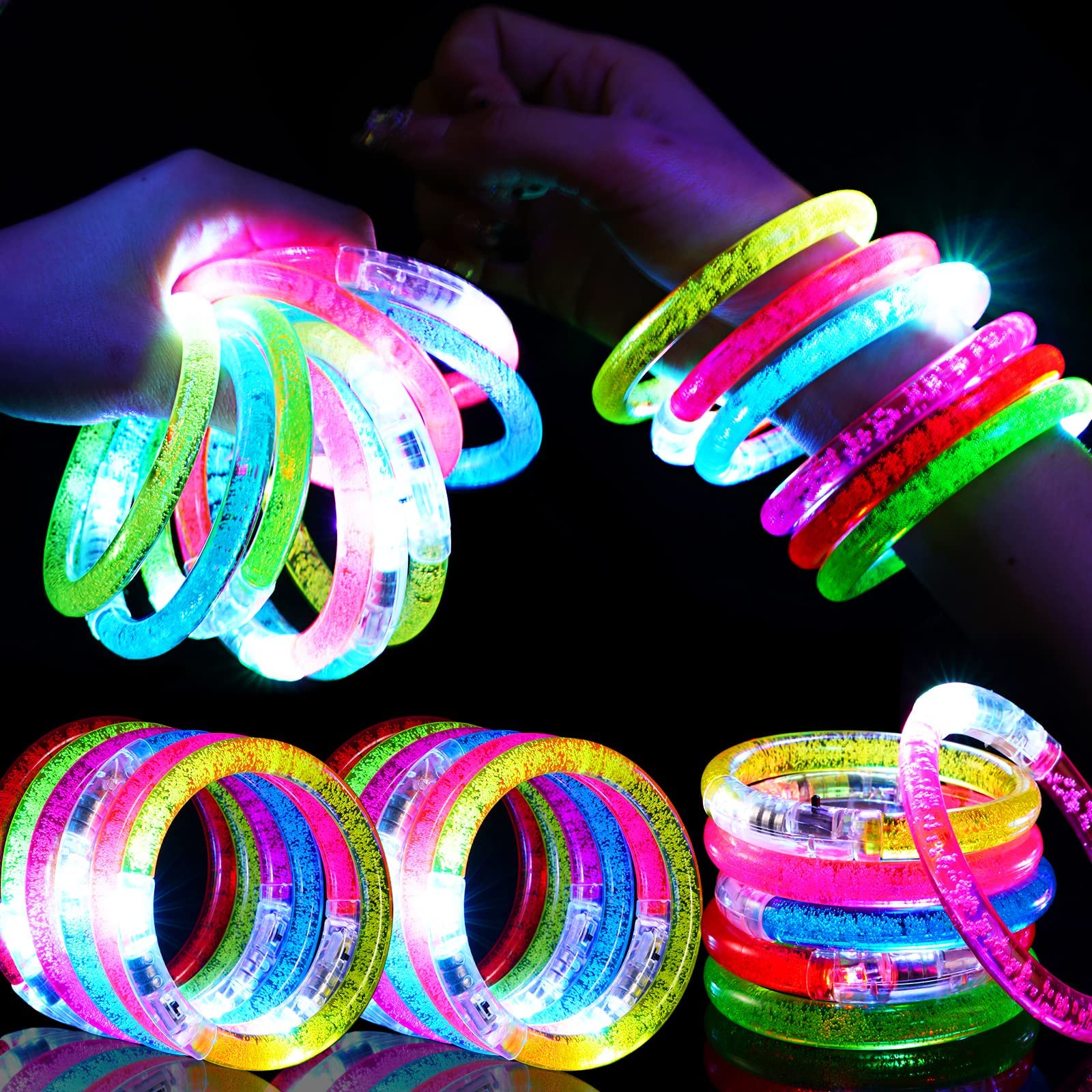Mikulala LED bracelets glow together for a vibrant party centerpiece and easy guest identification.