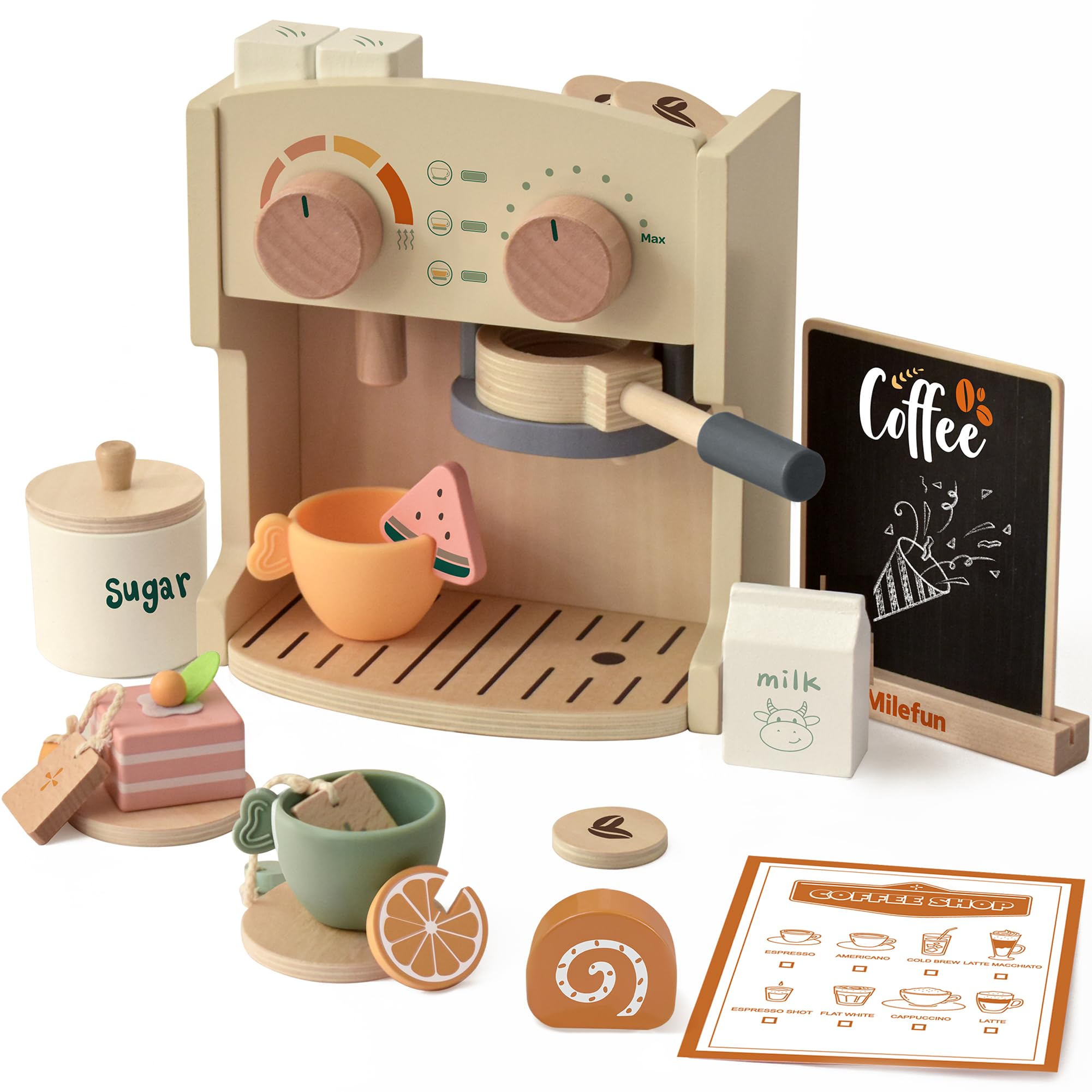 MILEFUN wooden espresso machine for imaginative play and fine motor skills