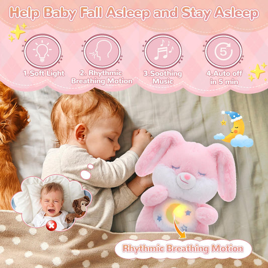 MILEGI pink bunny plush showing rhythmic breathing to ease daytime anxiety.