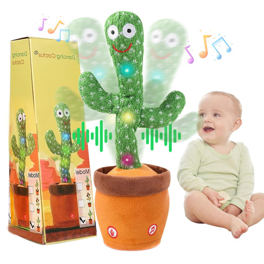 MILEGI Dancing Talking Cactus Toy with embroidered eyes for safe, baby-friendly tactile play.
