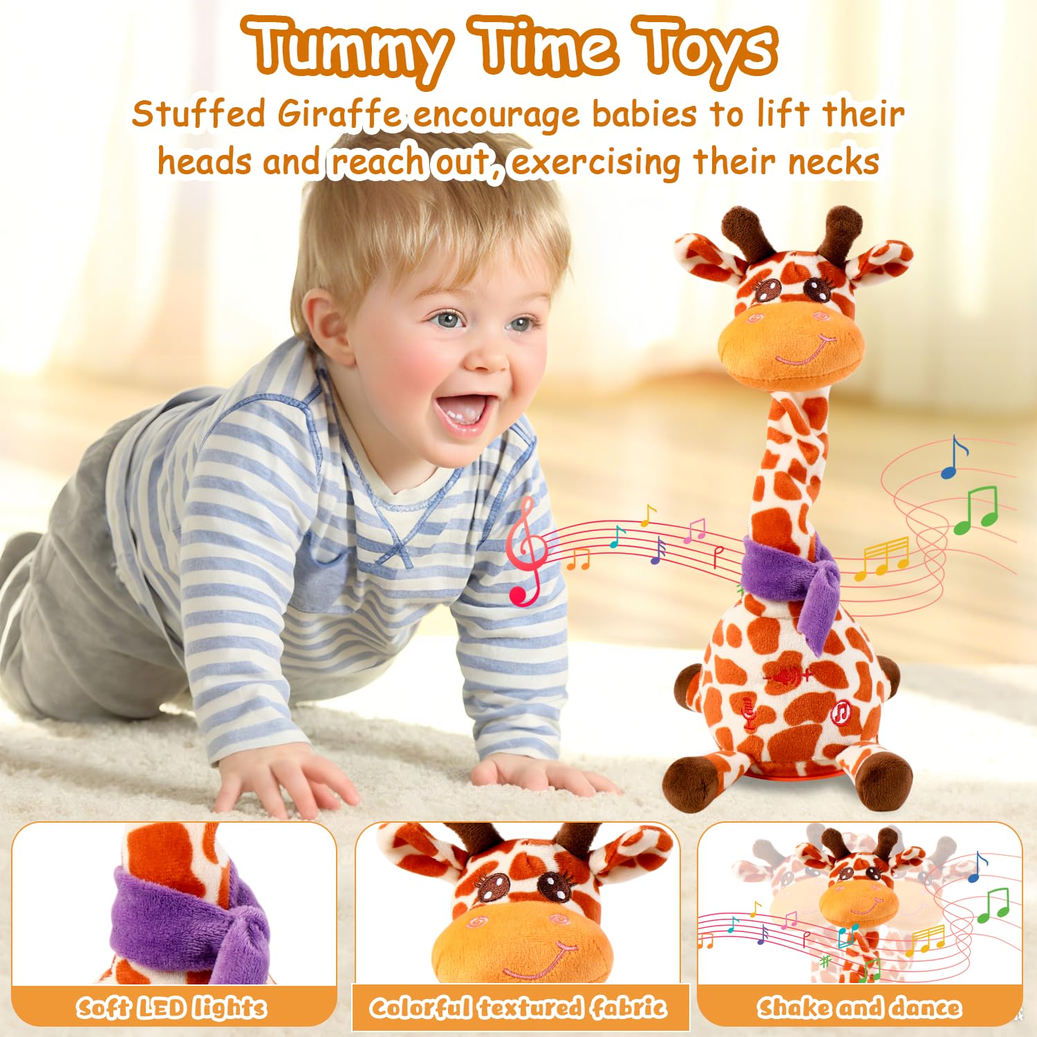 MILEGI giraffe baby toy demonstrates tummy time engagement with colorful fabric