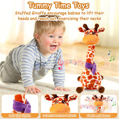 MILEGI giraffe baby toy demonstrates tummy time engagement with colorful fabric