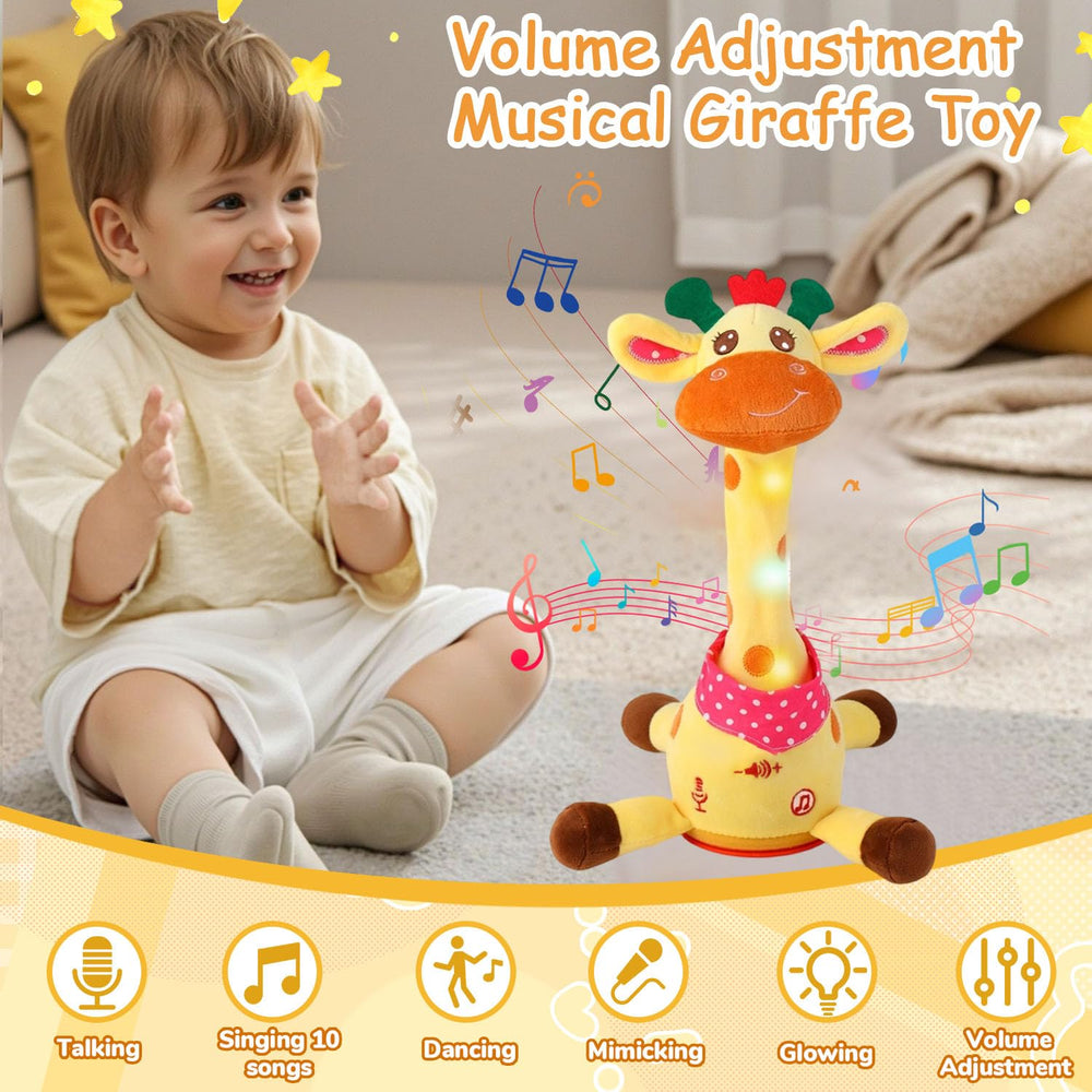 MILEGI tummy-time giraffe toy encourages lifting heads during tummy time.